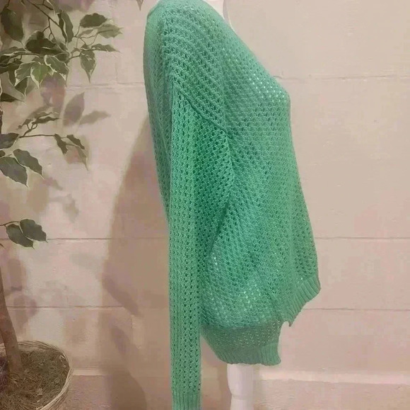 Jeanne Pierre V-Neck Techno Knit Cotton Fishnet Pullover Sweater SIZE SMALL GRN - Picture 2 of 5